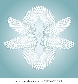 Cartoon drawing:  set of white angel wings.  Vector illustration isolated on a blue background.