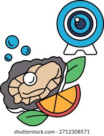 A cartoon drawing of a shellfish with a camera lens on top of it. The shellfish is surrounded by a slice of orange