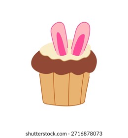 Dibujo de dibujos animados que muestra un delicioso cupcake de Pascua con una base marrón y glaseado blanco, decorado con orejas de conejo rosadas, que representan las celebraciones de primavera y vacaciones