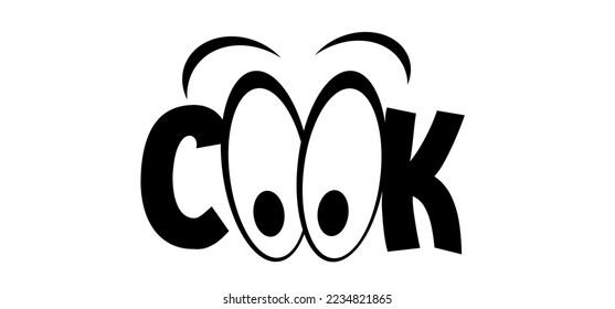 Cartoon drawing slogan or quote cook. Kitchen cooking school, classes, courses, sooking studio. Vector menu logo or icon. School, work cuisine bakery. Baker, cooker. For café, restaurant. Obesity