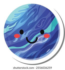 Cartoon drawing of a smiling blue planet with rosy cheeks, representing happiness, joy, and positive emotions associated with earth and environmental awareness