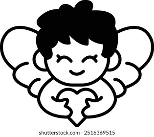 A cartoon drawing of a smiling cupid holding a heart. The boy is wearing a blue shirt and has a blue wing on his head