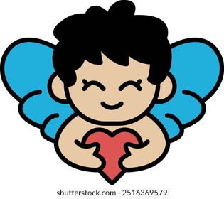 A cartoon drawing of a smiling cupid holding a heart. The boy is wearing a blue shirt and has a blue wing on his head