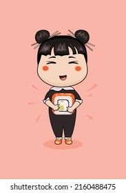A cartoon drawing of a smiling dark-haired girl with funny ponytails clutching a huge sushi on a pink background. Postcard with a child who loves Asian food.