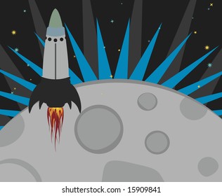 Cartoon drawing of a spaceship lifting off from the moon. No Gradients
