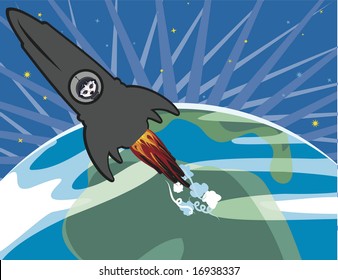 Cartoon drawing of a spaceship with a woman astronaut lifting off from the earth. No Gradients