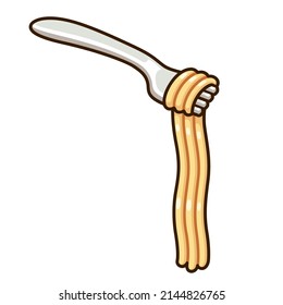 Cartoon drawing of spaghetti noodles on fork. Hanging long pasta. Vector clip art illustration.