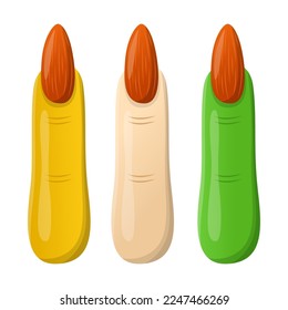 Cartoon drawing of spooky finger candy Zombie with almond nails on white background. Spooky Halloween candies vector illustration. Halloween, sweet food concept