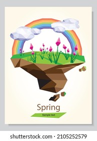 Cartoon Drawing Of Spring Meadow With Green Grass, Tulip Flowers, Rainbow  And Clouds. Vector Island In Geometric Low Poly Style For The Design Of Book Covers, Computer Games, Etc. 