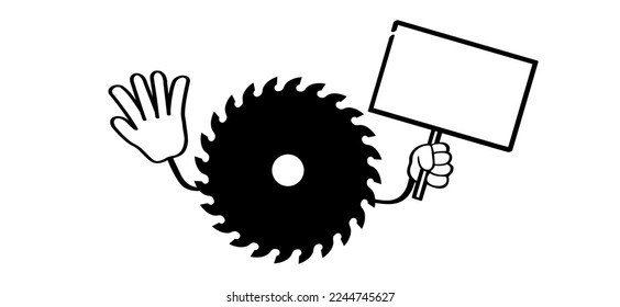 Cartoon Cartoon drawing stickman, stick figures man and circular saw blades icon or symbol. Half sawblade logo. Saw blade for woodworking machine, sawing machine. Electric saw, circle. 