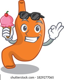 A cartoon drawing of stomach holding cone ice cream