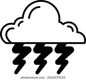 A cartoon drawing of a stormy sky with a large cloud and many lightning bolts. Scene is ominous and foreboding