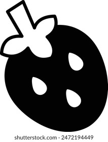 A cartoon drawing of a strawberry with a leaf on top. The strawberry is red and has drops of juice on it
