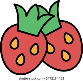 A cartoon drawing of a strawberry with a leaf on top. The strawberry is red and has drops of juice on it