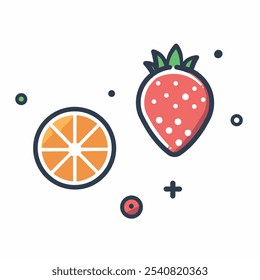 Cartoon drawing of a strawberry and an orange. The orange is in the center of the drawing and the strawberry is on the right. The drawing has a playful and fun vibe to it