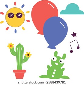 A cartoon drawing of a sun, a cactus, a balloon, and a rabbit. The sun is yellow and the cactus is green