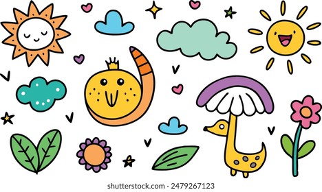 A cartoon drawing of a sun and clouds with a smile on it