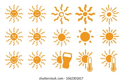 Cartoon drawing sun or sunlight. Smile icon. Vector sunshine symbol doodle. Solar yellow..  Template thermometer Beer health. Smile suns Hello summer Equinox. Line pattern. Shining rays of light