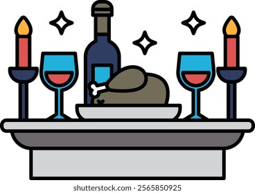 A cartoon drawing of a table with a plate of food, wine glasses, and candles. Scene is celebratory and festive