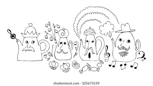 Cartoon drawing of talking teapots. Cute fairy vector illustration.