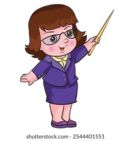 cartoon drawing, teacher woman in purple suit and glasses points at something with a pointer, vector illustration, isolated object on white background, eps.