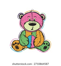 Dibujo de dibujos animados de oso de peluche con diseño colorido con detalles cosidos y estilo de patchwork. El personaje de juguete sobre fondo blanco es adecuado para proyectos infantiles.