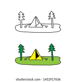 cartoon drawing of a tent and pine trees