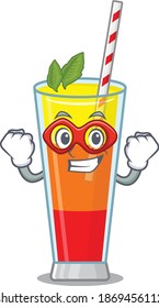 A cartoon drawing of tequila sunrise cocktail in a Super hero character