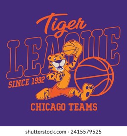 cartoon drawing of a tiger playing basketball