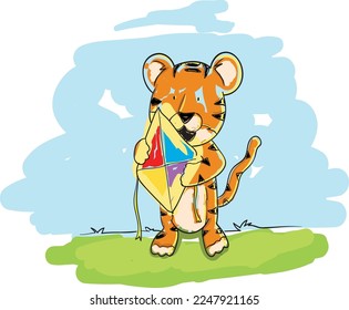 Dibujo de caricaturas, tigre jugando a la cometa
