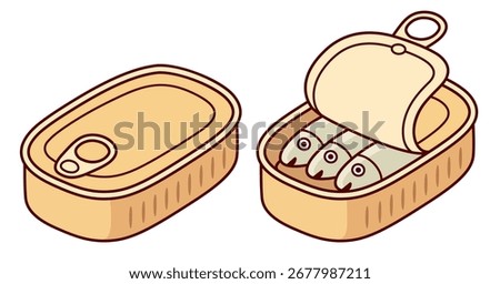 Cartoon drawing of tinned fish. Open and closed can of sardines or anchovies. Isolated vector clip art illustration.