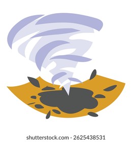 Cartoon drawing of a tornado touching down in a field leaving a path of destruction