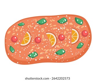 Cartoon drawing of the traditional Coca de San Joan cake, a sweet bread served during Saint John's Eve in Spain vector illustration. Vector illustration for traditional food of Spanish culture
