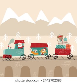 Cartoon drawing of a train with a gift box. Christmas. New Year.Vector illustration for Advent calendar or card.