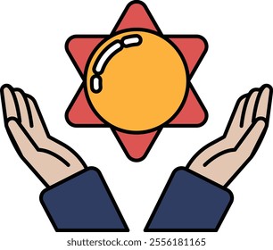 A cartoon drawing of two hands holding a sun. The sun is yellow and red. The drawing conveys a sense of warmth and protection