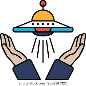 A cartoon drawing of two hands holding up a spaceship. The spaceship is yellow and blue and has a red tip. The drawing conveys a sense of wonder and excitement about space exploration