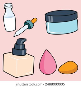 A cartoon drawing of various beauty products such as a bottle of milk