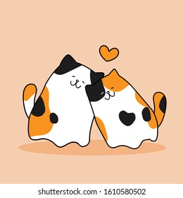 Cartoon drawing vector style of three colors cat falling in love.Cats showing love.background,banner,icon,cartoon,drawing,doodle,cat