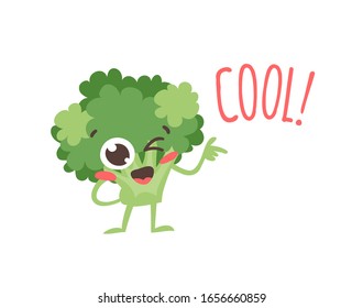Cartoon drawing veggie emoji. Hand drawn emotional meal.Actual Vector illustration abroccoli. Creative ink art work food and word COOL!