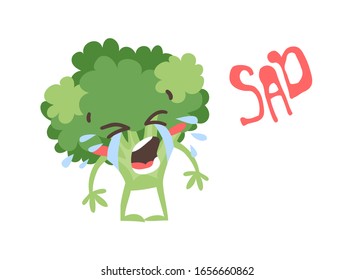 Cartoon drawing veggie emoji. Hand drawn emotional meal.Actual Vector illustration abroccoli. Creative ink art work food and word SAD