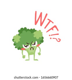 Cartoon drawing veggie emoji. Hand drawn emotional meal.Actual Vector illustration abroccoli. Creative ink art work food and word WTF!?