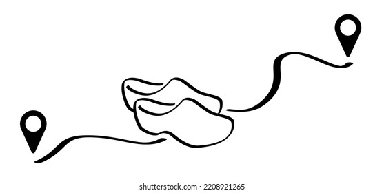 Cartoon-Ziehungskämme, Bauernläppchen. Wanderweg, Wanderweg mit Schuh. Souvenir für Touristen. Holland-Schuhe. Footprint- oder Footstep-Symbol. Wanderweg, Pin-Position. Fußlogo