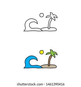 cartoon drawing of a water wave and an island