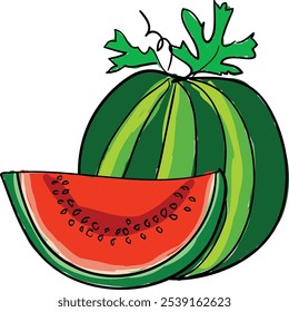 A cartoon drawing of a watermelon slice with red flesh and black seeds. The watermelon is cut in half, with one half showing the rind and the other half showing the inside.