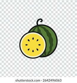 A cartoon drawing of a watermelon with a watermelon slices in transparant background. The watermelon is green and yellow