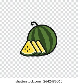 A cartoon drawing of a watermelon with a watermelon slices in transparant background. The watermelon is green and yellow