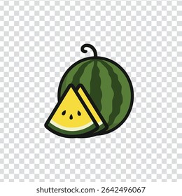 A cartoon drawing of a watermelon with a watermelon slices in transparant background. The watermelon is green and yellow