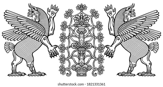 Cartoon drawing: winged dragon lion stands at the fertility tree, a character in Assyrian mythology. Thiamat. Incarnation of chaos. Vector illustration isolated on a white background. coloring book. 