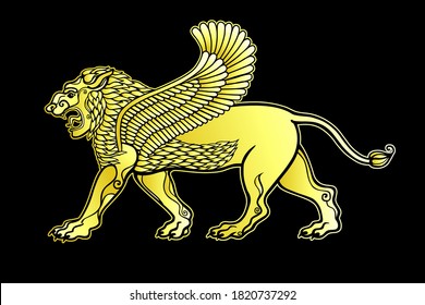 Dibujo de dibujos animados: león alado, personaje de la mitología asiria.  Imitación del oro. Ilustración vectorial aislada en un fondo negro.