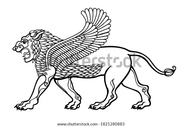 Cartoon drawing: winged  lion, a character in\
Assyrian mythology. Be used for coloring book. Vector illustration\
isolated on a white\
background.